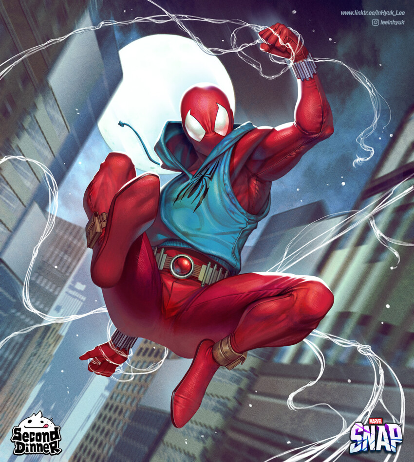 1boy artist_name ben_reilly blue_hoodie bodysuit building city copyright_name full_moon highres hood hoodie in-hyuk_lee instagram_logo instagram_username logo marvel moon night outdoors red_bodysuit scarlet_spider skyscraper sleeveless sleeveless_hoodie solo spider-man_(series) watermark web_address