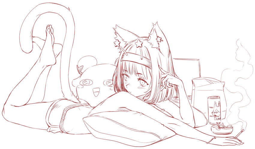 1girl agemmata animal_ears ashtray barefoot cat_ears cat_girl cigarette highres lying monochrome on_stomach original pillow sketch solo the_pose