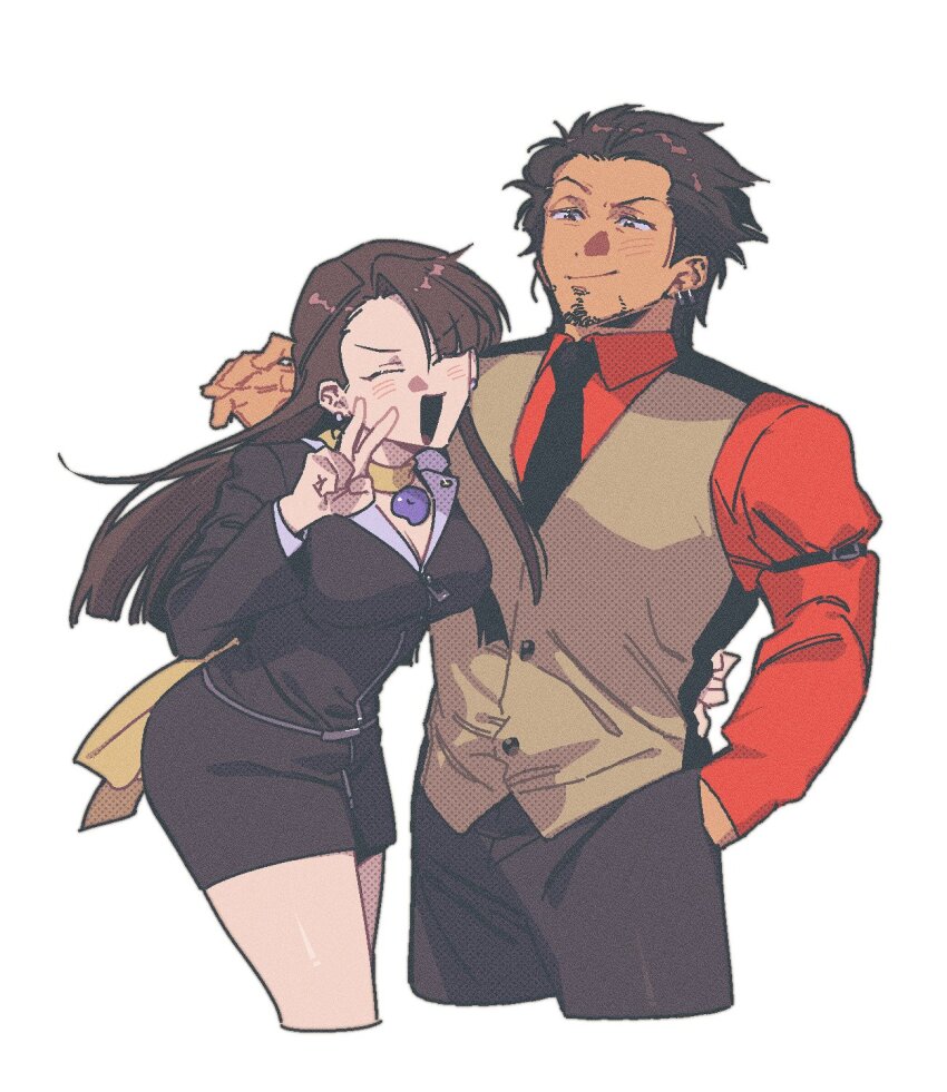 1boy 1girl :d ace_attorney asymmetrical_bangs beard black_jacket black_necktie breasts brown_hair cleavage closed_eyes closed_mouth collared_shirt commentary_request cropped_legs diego_armando earrings facial_hair formal_clothes grey_pants grey_vest hand_in_pocket hand_up highres jacket jewelry korean_commentary long_hair long_sleeves looking_at_another magatama magatama_necklace medium_breasts mia_fey necklace necktie open_mouth pants phoenix_wright:_ace_attorney_-_trials_and_tribulations prodig_4 red_shirt scarf shirt short_hair skirt skirt_suit smile standing suit v v-shaped_eyebrows vest yellow_scarf