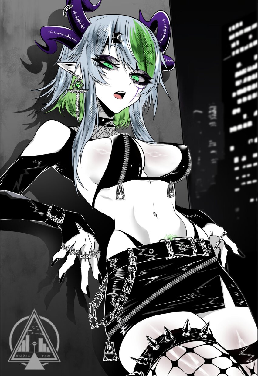 1girl apricot_the_lich bare_shoulders belt bikini black_belt black_bikini black_nails black_skirt blue_hair breasts chain choker clothing_cutout colored_inner_hair colored_pubic_hair commentary crescent crescent_hair_ornament cross cross_earrings demon_horns dizzle earrings fingernails fishnet_thighhighs fishnets goth_fashion green_eyes green_hair green_pubic_hair green_streaks hair_ornament highres horns indie_virtual_youtuber jewelry leaning_back long_sleeves looking_at_viewer medium_breasts multicolored_hair multiple_horns nail_polish navel o-ring o-ring_choker open_mouth outdoors panty_straps partially_colored pointy_ears pubic_hair pubic_hair_peek purple_horns short_hair shrug_(clothing) sidelocks skirt sleeves_past_wrists solo spiked_thigh_strap standing stomach streaked_hair swimsuit teeth thighhighs upper_teeth_only virtual_youtuber zipper