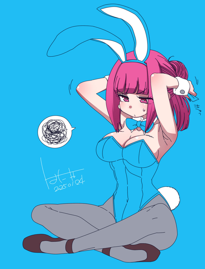 1girl 2025 alternate_breast_size alternate_hairstyle animal_ears bare_shoulders bleach blue_leotard blush breasts crossed_legs curvy dated detached_collar dokugamine_riruka embarrassed fake_animal_ears fingernails hanya_(hanya_yashiki) highres large_breasts leotard long_hair looking_back nipples pantyhose pink_eyes pink_hair playboy_bunny ponytail rabbit_ears shiny_clothes shiny_skin simple_background sitting solo sweat sweatdrop teeth tsundere upper_body very_long_hair wide_hips