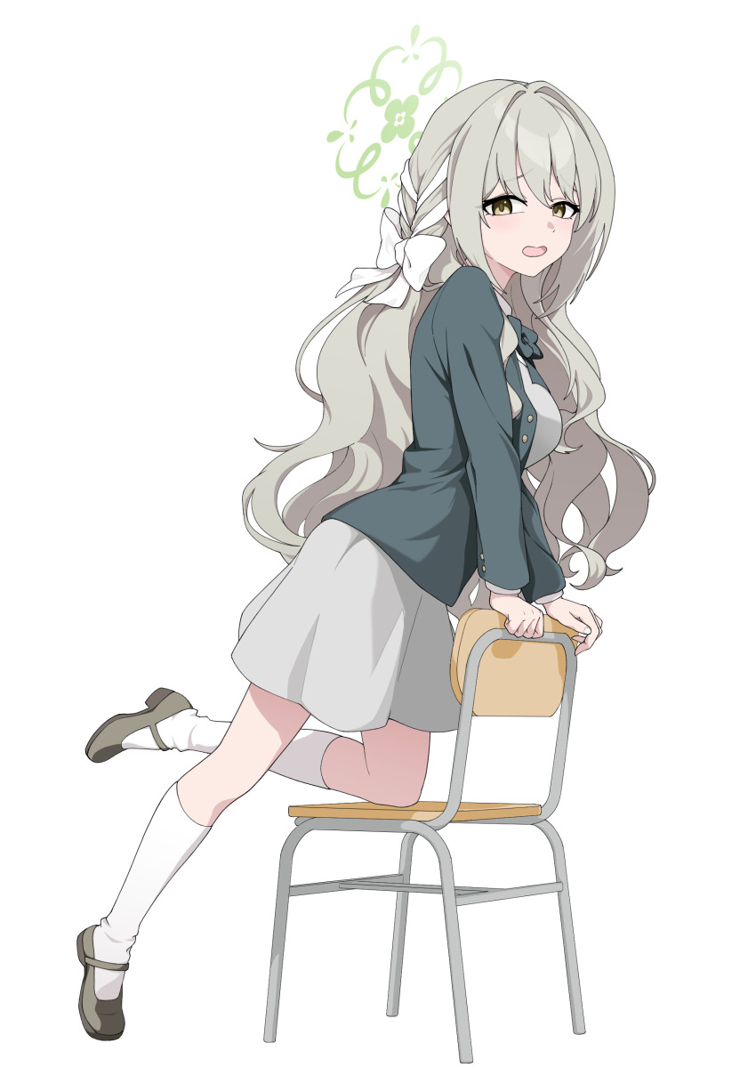 1girl absurdres blue_archive braid breasts brown_eyes brown_shoes chair commentary full_body furrowed_brow grey_hair grey_jacket halo highres jacket kneehighs large_breasts long_hair long_sleeves looking_at_viewer mandara3a mary_janes miyo_(blue_archive) open_mouth school_chair shoes side_braid skirt socks solo wavy_hair white_background white_skirt white_socks