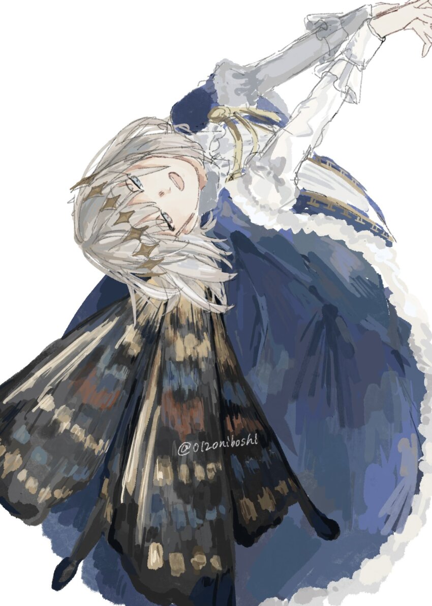 1boy arthropod_boy blue_eyes butterfly_wings cape crown diamond_hairband fate/grand_order fate_(series) from_above full_body fur-trimmed_cape fur_trim grey_hair highres insect_wings long_sleeves male_focus medium_hair oberon_(fate) oberon_(second_ascension)_(fate) open_mouth shirt simple_background smile solo white_background wings yowa_(niboshi)