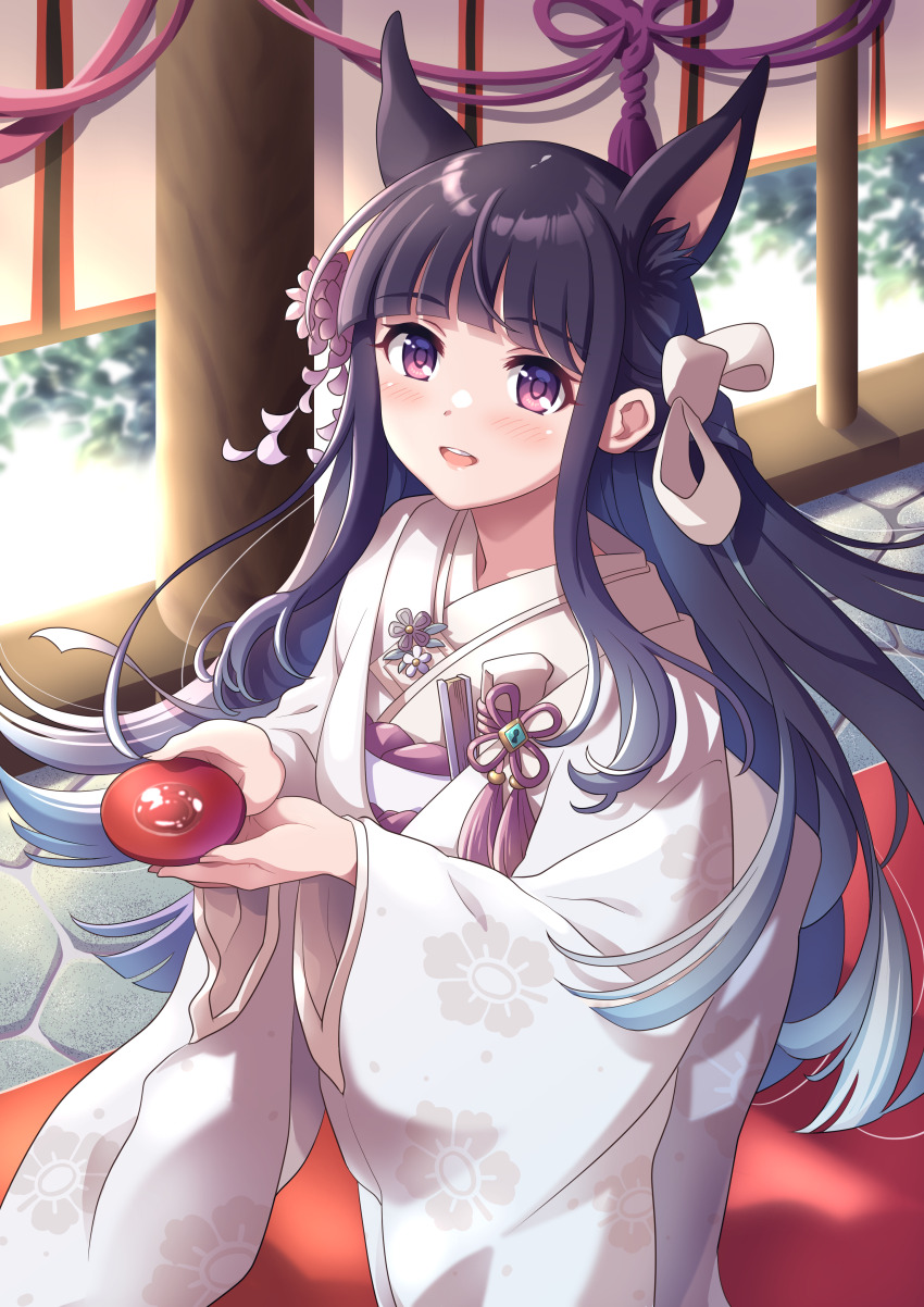 1girl absurdres animal_ear_fluff animal_ears black_hair blunt_bangs dog_ears dog_girl extra_ears flower hair_flower hair_ornament hair_ribbon highres holding japanese_clothes kasumi_(princess_connect!) kimono long_hair long_sleeves looking_at_viewer open_mouth princess_connect! purple_eyes ribbon sidelocks smile solo teeth temple tsukachii upper_teeth_only white_kimono wide_sleeves