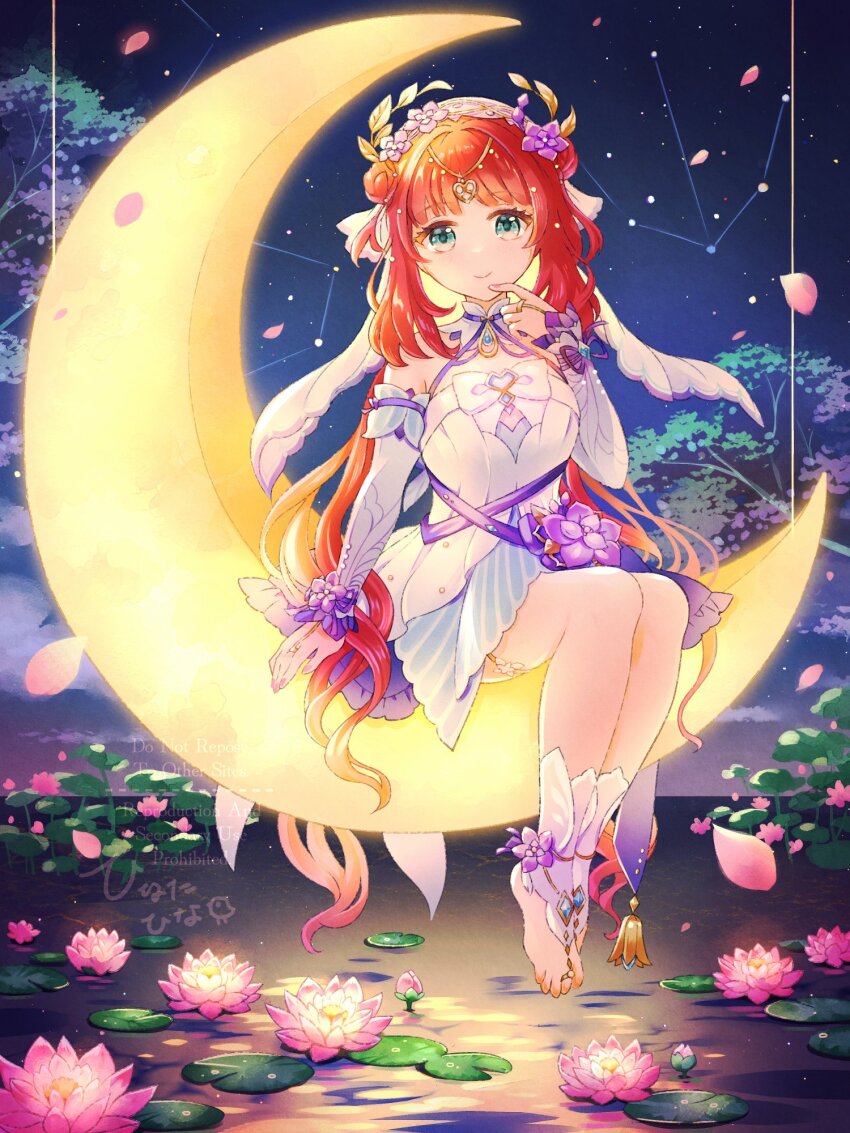 1girl aqua_eyes bare_shoulders blue_gemstone blue_sleeves circlet closed_mouth commentary_request crescent_moon detached_sleeves double_bun dress fingernails flower full_body gem genshin_impact gradient_sleeves hair_bun hair_flower hair_ornament hand_up highres hina_cassiopeia long_hair moon night night_sky nilou_(breeze_of_sabaa)_(genshin_impact) nilou_(genshin_impact) official_alternate_costume on_crescent outdoors parted_bangs pink_flower purple_flower purple_ribbon red_hair ribbon sitting sky sleeveless sleeveless_dress smile solo star_(sky) starry_sky very_long_hair white_dress white_sleeves