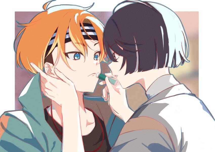 18trip 2boys applying_makeup black_hair black_headband black_shirt blue_eyes border brown_eyes closed_mouth commentary green_jacket grey_shirt hair_between_eyes hand_on_another&#039;s_cheek hand_on_another&#039;s_face headband highres index_finger_raised isotake_akuta jacket kaguya_muneuji lipstick looking_at_another makeup male_focus multiple_boys open_clothes open_jacket orange_hair parted_lips shirt short_hair simple_background striped_clothes striped_headwear taki_yagura undershirt white_border