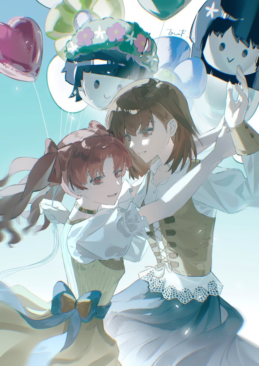 2girls alternate_costume balloon blue_skirt blue_sky bow brown_corset brown_eyes brown_hair brown_skirt character_balloon choker commentary corset evenf hair_bow heart heart-shaped_pupils highres holding holding_balloon long_hair long_sleeves medium_hair misaka_mikoto multiple_girls puffy_short_sleeves puffy_sleeves red_bow saten_ruiko shirai_kuroko shirt short_sleeves skirt sky smile symbol-shaped_pupils toaru_kagaku_no_railgun toaru_majutsu_no_index twintails uiharu_kazari white_shirt