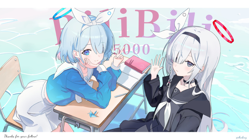 2girls absurdres ankry arona_(blue_archive) black_choker black_coat black_hairband black_sailor_collar blue_archive blue_eyes blue_hair book braid chair chinese_commentary choker closed_mouth coat collarbone commentary_request desk english_text grey_eyes grey_hair hair_over_one_eye hairband halo head_rest highres letterboxed long_hair long_sleeves looking_at_viewer milestone_celebration multiple_girls neckerchief open_book origami paper_crane pen plana_(blue_archive) sailor_collar school_chair school_desk school_uniform short_hair smile twitter_username v very_long_hair water white_hairband white_neckerchief white_sailor_collar