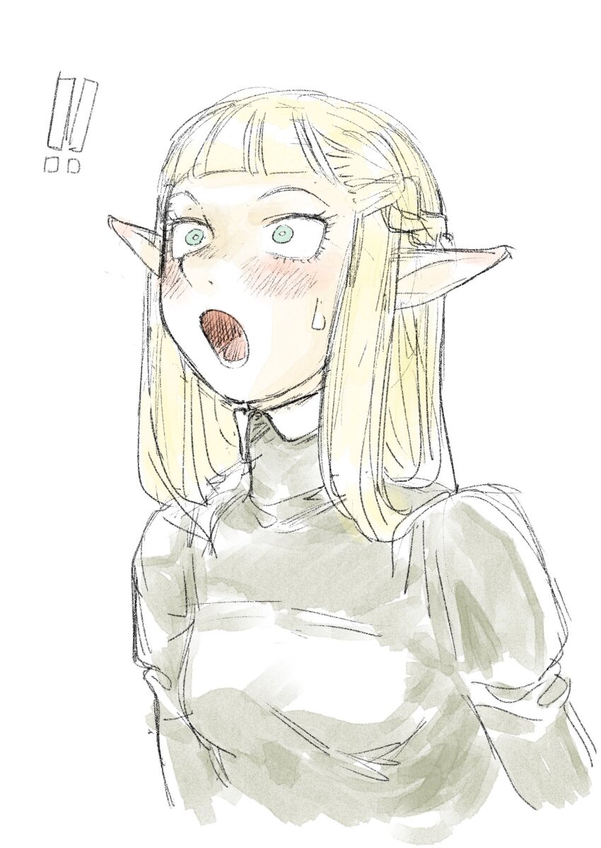 ! !! 1girl blonde_hair blue_eyes blush braid dungeon_meshi elf highres juliet_sleeves long_hair long_sleeves open_mouth pattadol pointy_ears puffy_sleeves shikariyo solo sweatdrop turtleneck upper_body white_background