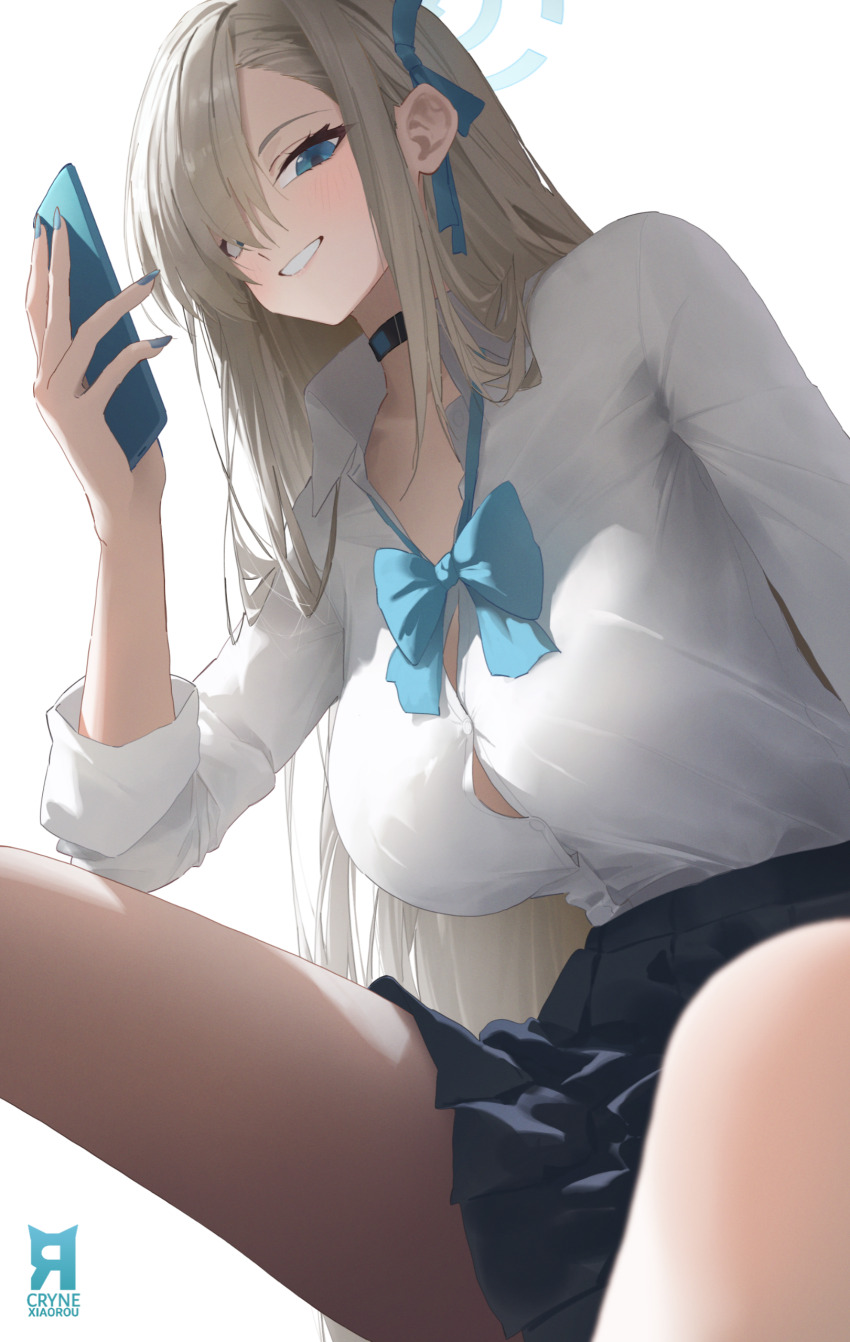1girl absurdres asuna_(blue_archive) asuna_(school_uniform)_(blue_archive) bare_legs black_choker black_skirt blue_archive blue_bow blue_bowtie blush bow bowtie breasts button_gap cellphone choker commentary cryne fingernails halo highres holding holding_phone large_breasts long_hair looking_at_viewer loose_bowtie miniskirt nail_polish official_alternate_costume phone pleated_skirt school_uniform shirt shirt_tucked_in simple_background sitting skirt smile solo straight_hair very_long_hair white_background white_shirt