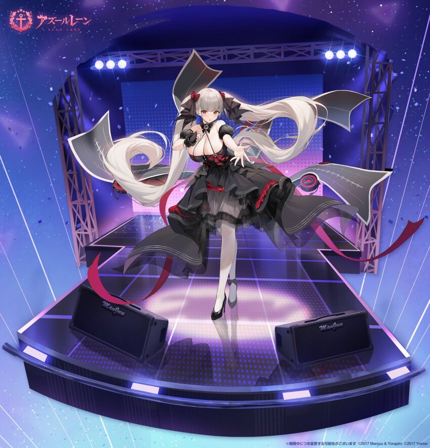 1girl azur_lane black_bow black_dress black_ribbon black_shoes blush bow breasts cleavage copyright_name copyright_notice detached_sleeves dress flight_deck floating_hair formidable_(azur_lane) formidable_(muse)_(azur_lane) frilled_dress frills full_body gloves grey_hair hair_bow hair_ornament hair_ribbon halterneck high_heels highres huge_breasts idol kincora large_breasts layered_dress leaning_forward logo long_hair microphone night official_alternate_costume official_art open_mouth outstretched_arm pantyhose red_eyes red_ribbon reflective_floor ribbon rigging see-through_clothes shoes sky sleeveless solo speaker stage stage_lights standing star_(sky) thighhighs twintails two-tone_dress very_long_hair white_pantyhose