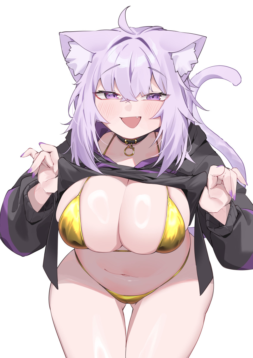 1girl :d absurdres ahoge animal_collar animal_ear_fluff animal_ears bikini bikini_under_clothes black_collar black_hoodie breasts cat_ears cat_girl cat_tail clothes_lift collar commentary_request cowboy_shot crossed_bangs double-parted_bangs fang gluteal_fold gold_bikini golden_week hair_between_eyes highres hololive hood hoodie hoodie_lift jknor large_breasts long_sleeves looking_at_viewer medium_hair messy_hair navel nekomata_okayu open_mouth purple_eyes purple_hair simple_background smile solo stomach string_bikini swimsuit tail thigh_gap virtual_youtuber white_background