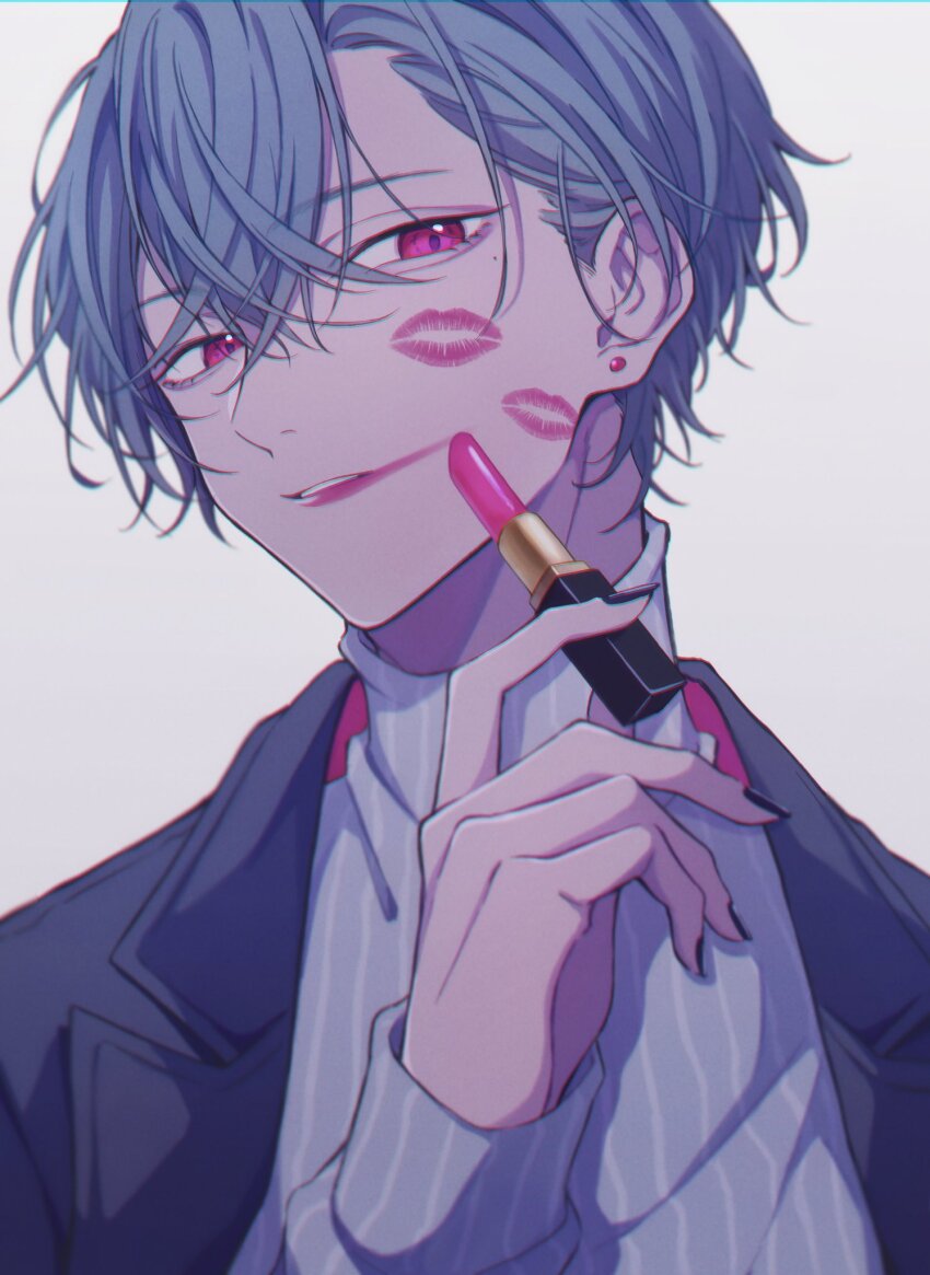 1boy after_kiss black_coat black_nails blue_hair bob_cut coat commentary cosmetics curtained_hair earrings grey_sweater hair_between_eyes highres holding holding_lipstick_tube jewelry lipstick lipstick_mark lipstick_tube looking_at_viewer makeup male_focus mole mole_under_eye moxamog nose original parted_lips pink_eyes pink_lips portrait short_hair simple_background solo stud_earrings sweater symbol-only_commentary white_background