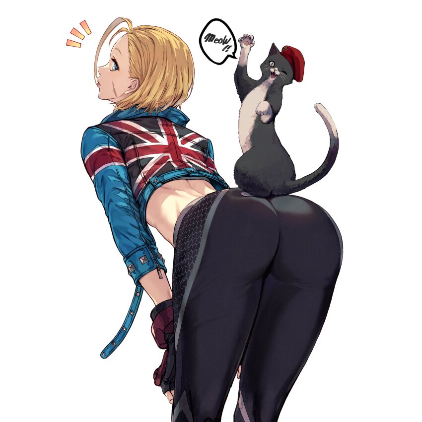 1girl absurdres ass bending beret black_sports_bra blonde_hair blue_eyes cammy_white capcom cat cat_on_ass cropped_jacket curious fingerless_gloves gloves hands_on_own_knees hat highres jacket leather leather_jacket looking_back meowing pants red_hat rinzo scar scar_on_face short_hair solo speech_bubble sports_bra street_fighter street_fighter_6 tight_clothes tight_pants union_jack