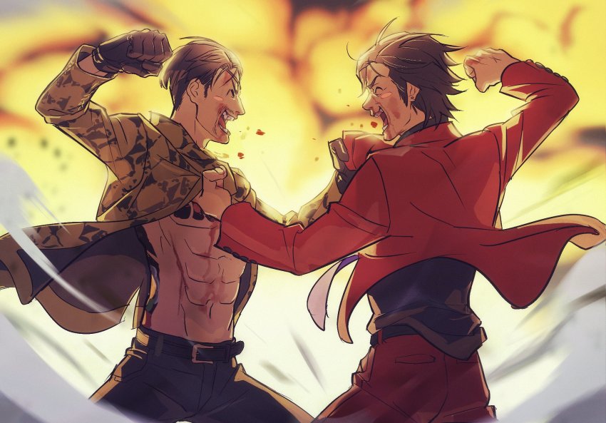 ^_^ abs alternate_universe black_hair black_pants blood blood_on_face closed_eyes clothes_grab commentary_request explosion friends happy highres ichihara2929 imminent_punch jacket leather leather_pants majima_goro male_focus nishitani_homare open_clothes open_shirt pants punching red_jacket rivalry rivalry ryuu_ga_gotoku_(series) ryuu_ga_gotoku_0 shirt_grab smile snake_print spread_legs tattoo yakuza
