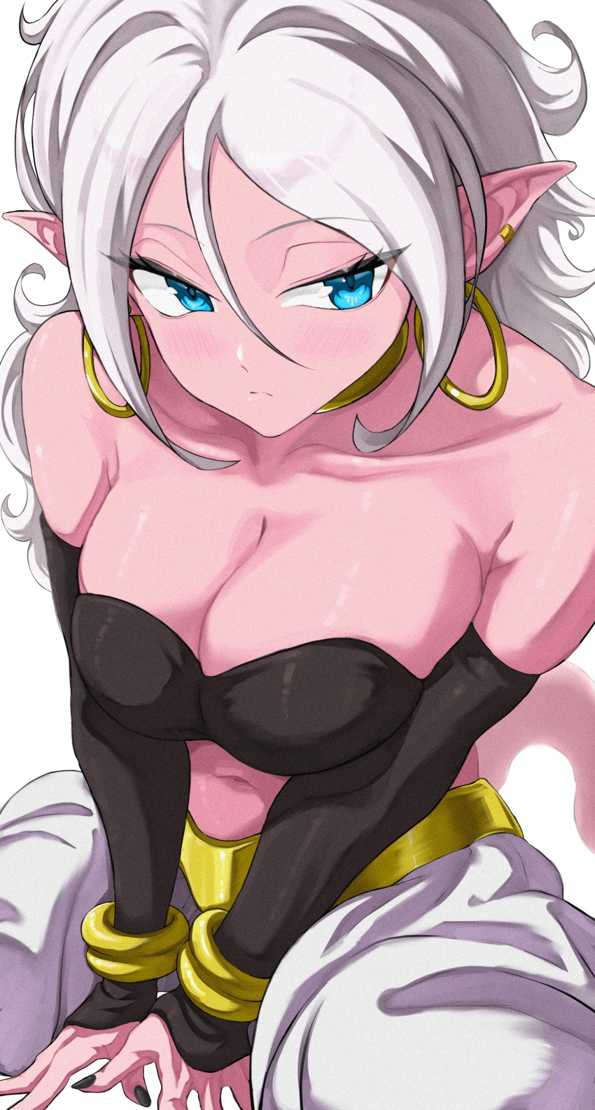 1girl absurdres android_21 bare_shoulders blue_eyes blush bracelet breasts cleavage colored_skin detached_sleeves dragon_ball dragon_ball_fighterz earrings female_focus harem_pants highres hoop_earrings jewelry kneeling large_breasts long_hair majin_android_21 nail_polish navel pants pink_skin pointy_ears solo strapless takundraws tube_top white_hair