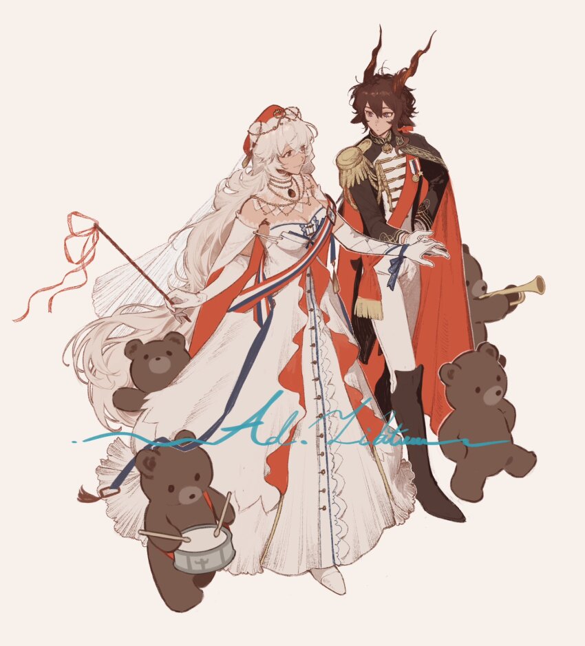 1boy 1girl animal_ears arknights bear bear_ears black_boots black_cape black_jacket boots cape commentary dress drumming drumsticks ebenholz_(arknights) ebenholz_(eine_variation)_(arknights) elbow_gloves epaulettes gloves goat_boy goat_ears goat_horns hat head_chain highres holding holding_drumsticks holding_hands holding_wand horns jacket jewelry knee_boots long_hair looking_at_viewer necklace official_alternate_costume pants red_cape red_hat rosa_(arknights) rosa_(masterpiece)_(arknights) sash shikiri simple_background smile symbol-only_commentary two-sided_cape two-sided_fabric very_long_hair wand white_background white_dress white_gloves white_hair white_pants