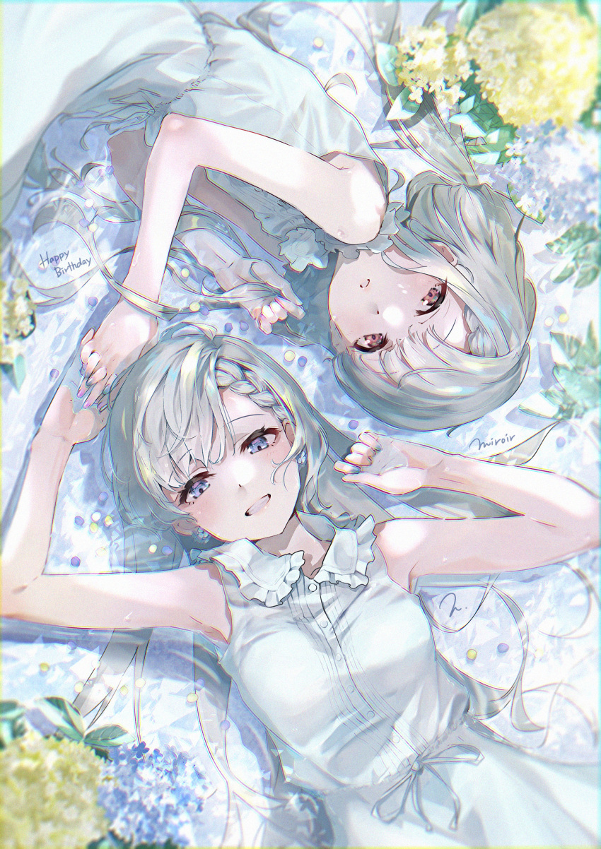 2girls asymmetrical_bangs braid braided_bangs collared_dress dress flower grey_hair happy_birthday highres hisakawa_hayate hisakawa_nagi holding_hands idolmaster idolmaster_cinderella_girls interlocked_fingers looking_at_viewer lying multiple_girls on_back on_side siblings sisters torokko twins white_dress yellow_flower