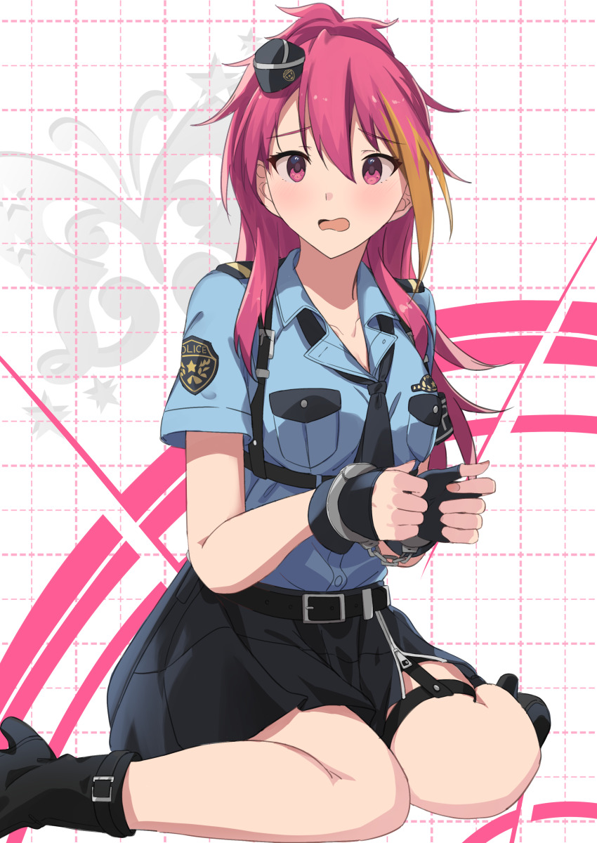 1girl absurdres belt belt_buckle black_belt black_boots black_necktie black_skirt blue_shirt boots breast_pocket buckle collarbone commentary_request concept_police_(idolmaster) cuffs dress_shirt hair_between_eyes handcuffs hat highres idolmaster idolmaster_million_live! idolmaster_million_live!_theater_days long_hair maihama_ayumu mini_hat miniskirt multicolored_hair nashiki_053 necktie open_mouth pink_hair pocket police police_hat police_uniform policewoman red_eyes shirt short_sleeves sitting skirt solo streaked_hair wariza wavy_mouth white_background