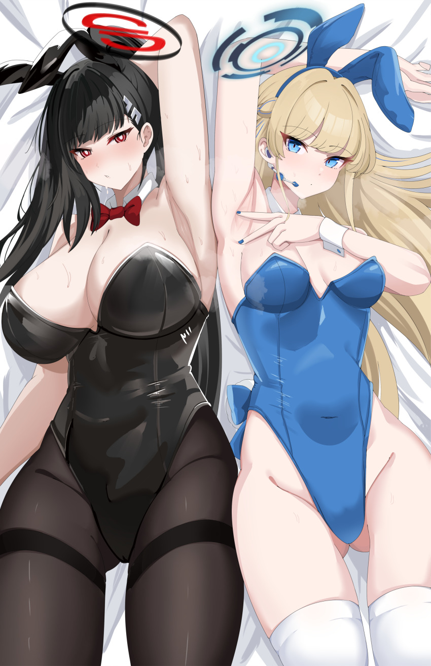 2girls absurdres alternate_costume animal_ears armpits black_hair black_leotard blonde_hair blue_archive blue_eyes blue_hair blue_halo blue_leotard blue_nails blush braid breasts bright_pupils commentary detached_collar english_commentary fake_animal_ears halo highres huge_breasts large_breasts lengkuass leotard long_hair looking_at_viewer mechanical_halo medium_breasts multicolored_hair multiple_girls nail_polish official_alternate_costume on_bed pantyhose playboy_bunny presenting_armpit rabbit_ears red_eyes ringed_eyes rio_(blue_archive) spread_armpit strapless strapless_leotard streaked_hair sweat thighhighs toki_(blue_archive) toki_(bunny)_(blue_archive) v white_pupils white_thighhighs