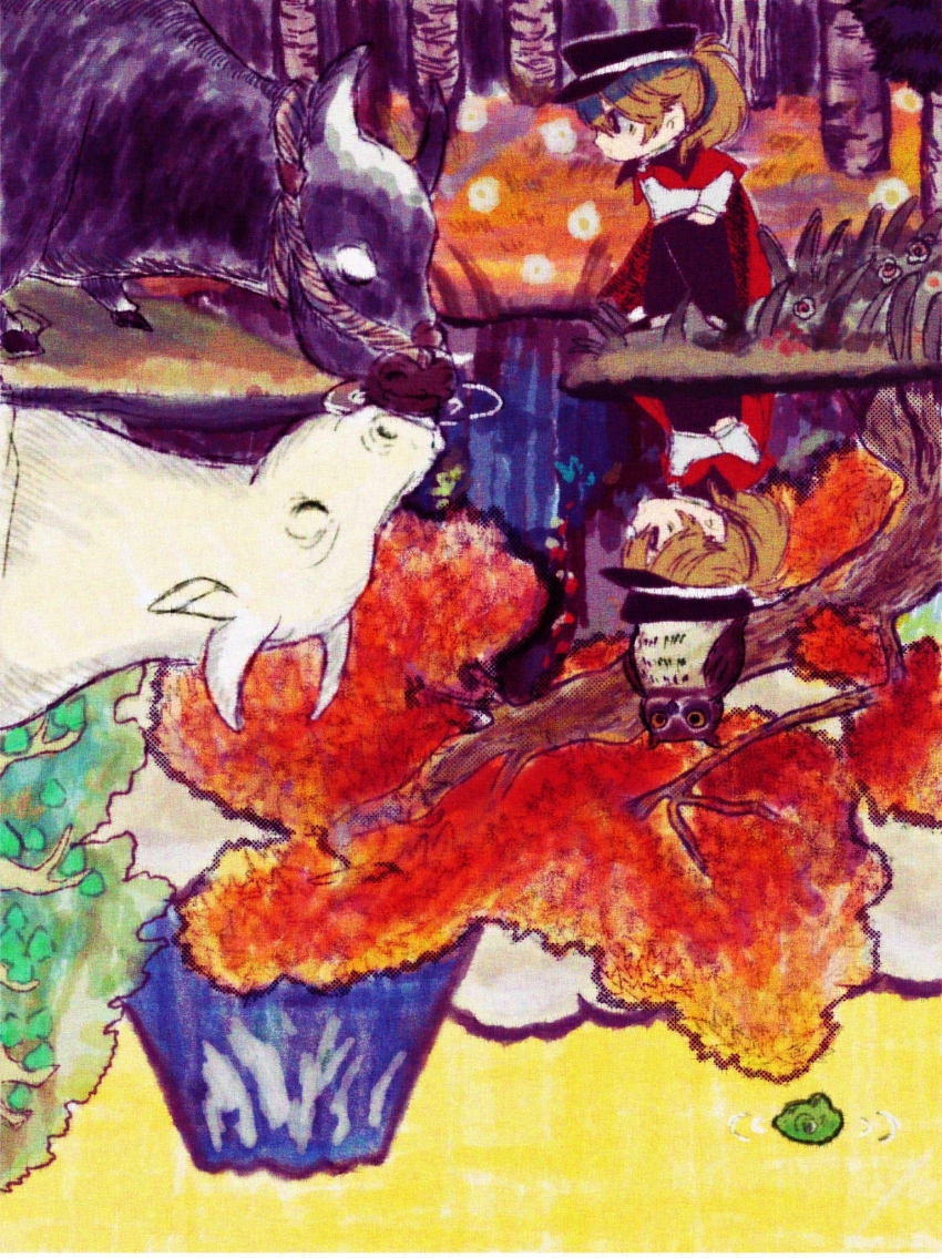 1boy animal animal_on_head autumn autumn_leaves bird bird_on_head black_collar black_eyes black_footwear black_hat black_pants blonde_hair buttons cape cave character_request chibi cloud collar collared_cape commentary_request cow different_reflection drinking fireflies frog full_body hair_over_shoulder hands_in_pockets hat highres leaf long_hair long_sleeves looking_at_another male_focus meiji_tokyo_renka on_head outdoors owl pants peaked_cap ponytail red_cape reflection reflective_water ripples shirt solo sugi_haeru sunset tree white_shirt white_sleeves