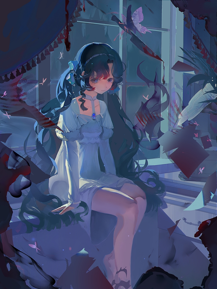 1girl absurdres against_window aged_down ambiguous_red_liquid barefoot black_hair bug butterfly chl---- curtains dress feet_out_of_frame highres insect isolde_(reverse:1999) juliet_sleeves knife long_hair long_sleeves night puffy_sleeves purple_butterfly purple_eyes reverse:1999 short_dress sitting solo very_long_hair white_dress window