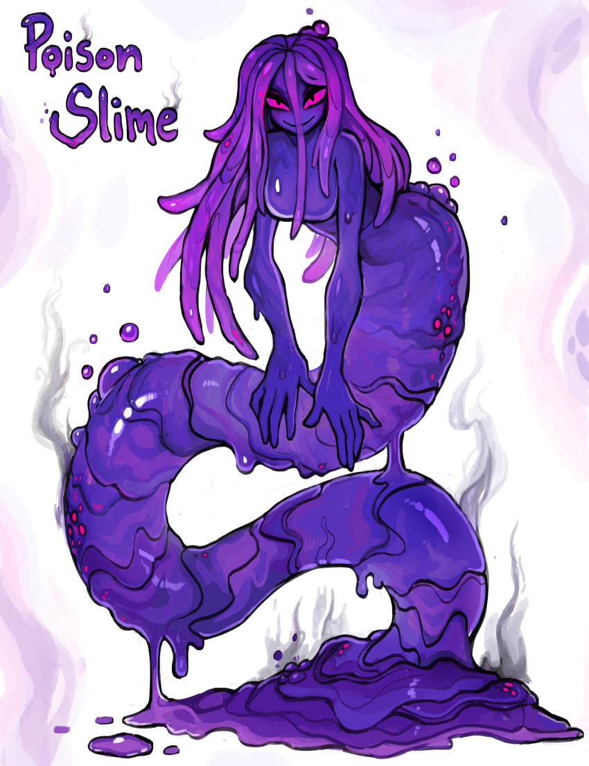 1girl absurdres breasts bubble commentary core english_commentary english_text evil_eyes evil_grin evil_smile full_body grin hair_between_eyes highres lamia long_hair looking_at_viewer matilda_fiship monster_girl original purple_eyes slime_girl small_breasts smile smoke smoke_trail solo white_background