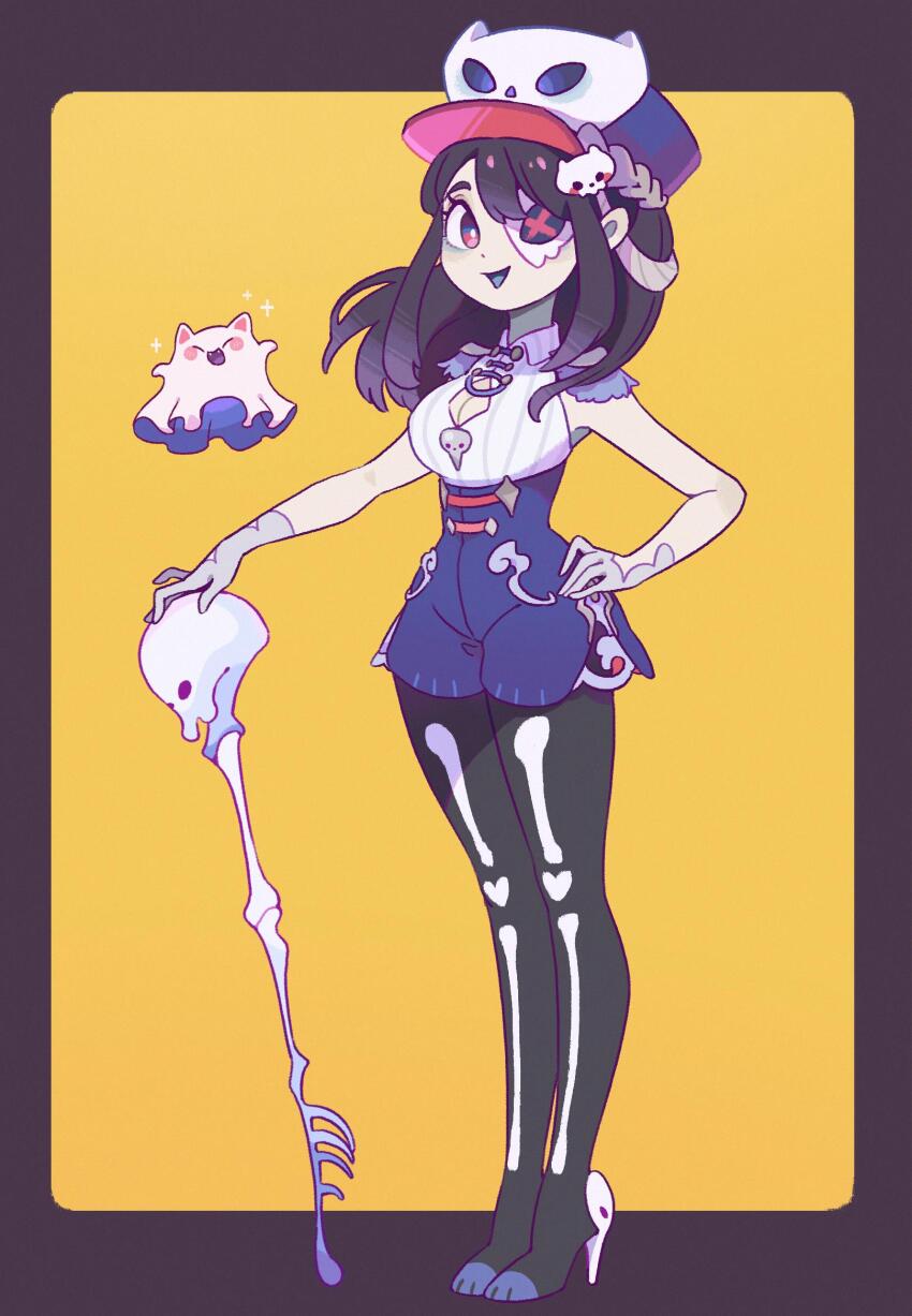1girl :d bare_arms bcy black_boots black_hair blue_hat blue_shorts bone_print boots border breasts cane cleavage cleavage_cutout clothing_cutout collared_shirt epaulettes eyepatch full_body ghost gloves halloween hand_on_own_hip hat high-waist_shorts high_heels highres holding holding_cane hua_hua_de_meme huhu looking_at_viewer medium_breasts medium_hair miao_jiujiu open_mouth outside_border pantyhose purple_border purple_eyes shako_cap shirt shorts skull sleeveless sleeveless_shirt smile solo standing thigh_boots white_gloves white_shirt yellow_background