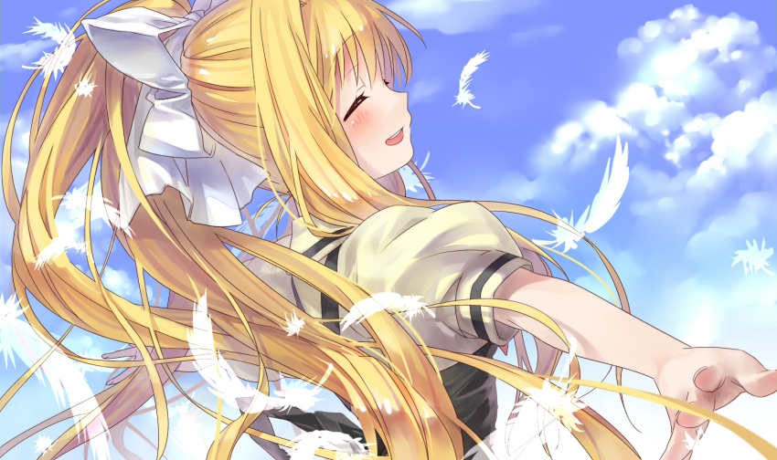 00s air_(visual_novel) blonde_hair blue_eyes dekatanaba feathers from_behind hair_ribbon highres kamio_misuzu long_hair outstretched_arms ponytail ribbon school_uniform solo spread_arms