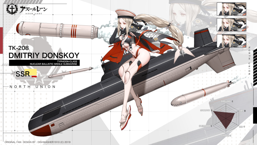 1girl 2019 :d air_bubble anchor_symbol artist_name azur_lane ballistic_missile ballistic_missile_submarine bikini black_bikini black_sleeves breasts brown_eyes brown_hair bubble cape cleavage closed_mouth commentary detached_sleeves dishwasher1910 dmitriy_donskoy english_commentary graph grey_cape groin has_bad_revision has_downscaled_revision hat highres intercontinental_ballistic_missile large_breasts long_hair long_sleeves looking_away md5_mismatch mismatched_bikini multicolored_cape multiple_expressions navel open_mouth original parted_bangs parted_lips peaked_cap personification radar_chart red_bikini red_cape resolution_mismatch rudder_footwear sidelocks sitting sleeves_past_wrists smile source_smaller star_(symbol) stirrup_legwear submarine submarine-launched_ballistic_missile swimsuit thighhighs toeless_legwear torpedo typhoon-class_submarine v-shaped_eyebrows very_long_hair watercraft white_footwear white_headwear white_thighhighs