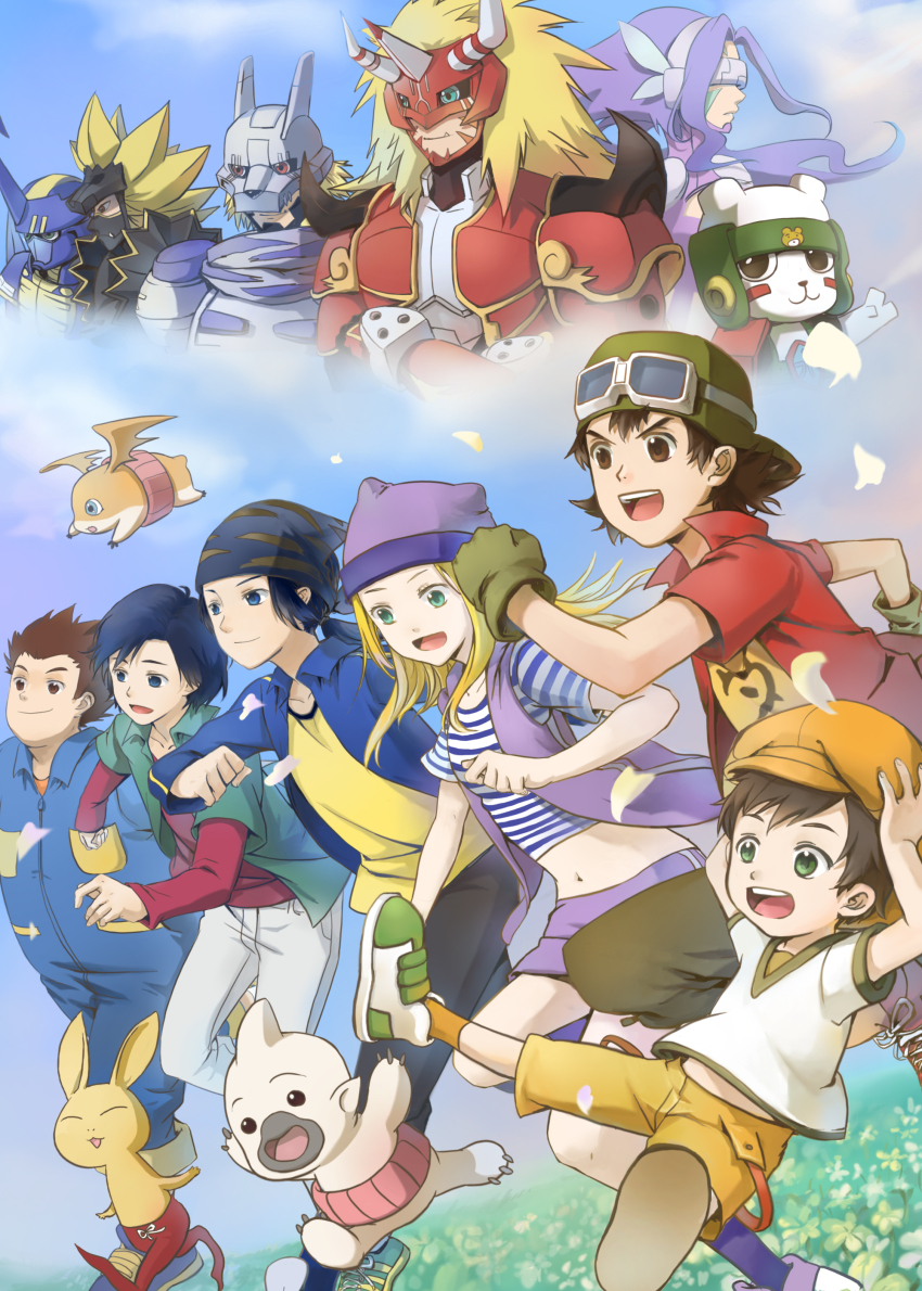 1girl 5boys absurdres agnimon armor blitzmon bokomon chackmon digimon digimon_(creature) digimon_frontier fairimon hat helmet highres himi_tomoki jacket kanbara_takuya kimura_kouichi louwemon mask minamoto_kouji multiple_boys neamon orimoto_izumi patamon shibayama_junpei wolfmon