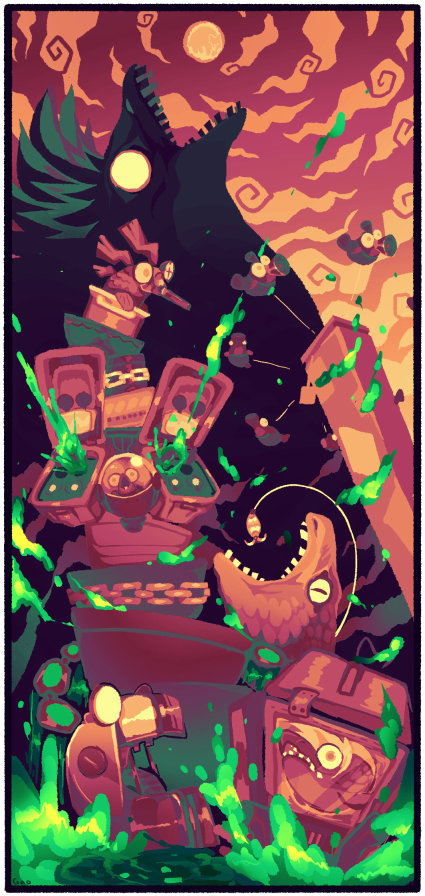 alpha_transparency animal_focus artist_name black_border blank_eyes border brown_eyes bulging_eyes cloud cohozuna_(splatoon) colored_sclera cooking_pot fish fish_stick_(splatoon) fish_hook flyfish_(splatoon) from_side full_moon gao_(kohozuna) green_hair highres looking_at_viewer maws_(splatoon) missile_pod moon mr._grizz_(splatoon) night nintendo no_humans open_mouth orange_eyes orange_hair outdoors profile red_sky salmon_run_(splatoon) scrapper_(splatoon) short_hair signature sky slime_(substance) slit_pupils smallfry_(splatoon) splatoon_(series) splatoon_3 steel_eel_(splatoon) stinger_(splatoon) straight-on teeth yellow_sclera