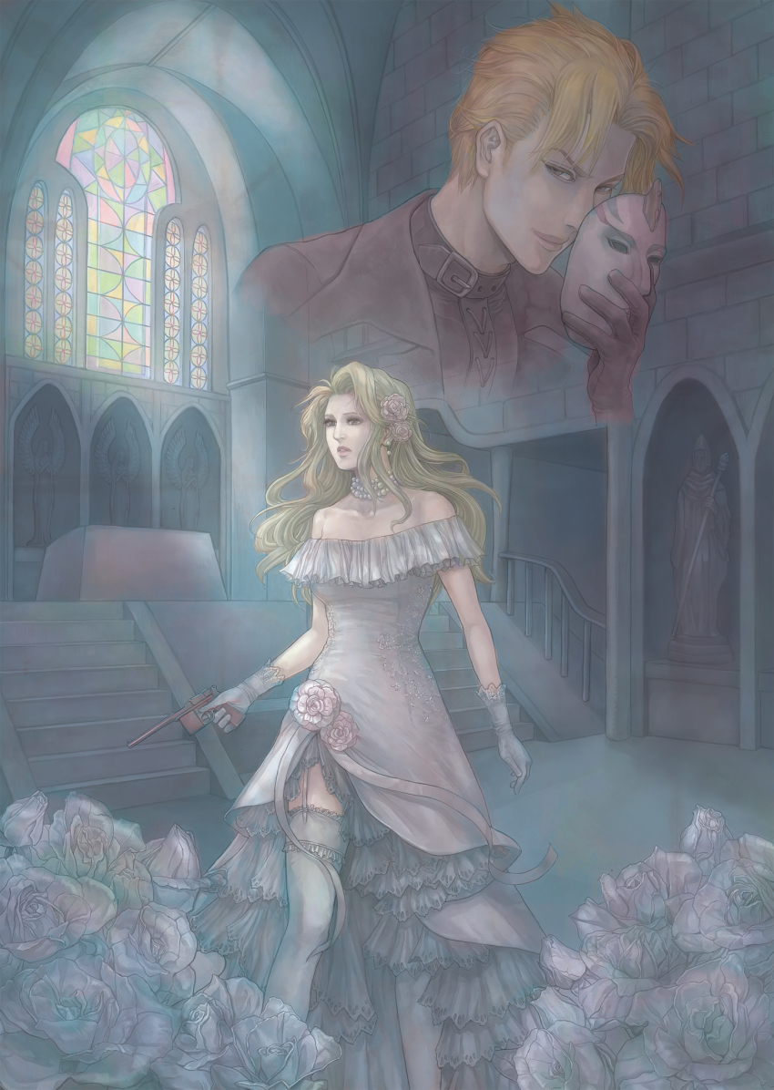 1boy 1girl aaaa_(11000111) blonde_hair breasts church commentary_request emilia_(saga_frontier) gun handgun highres indoors long_hair mauser_c96 ren_(saga_frontier) saga saga_frontier short_hair weapon