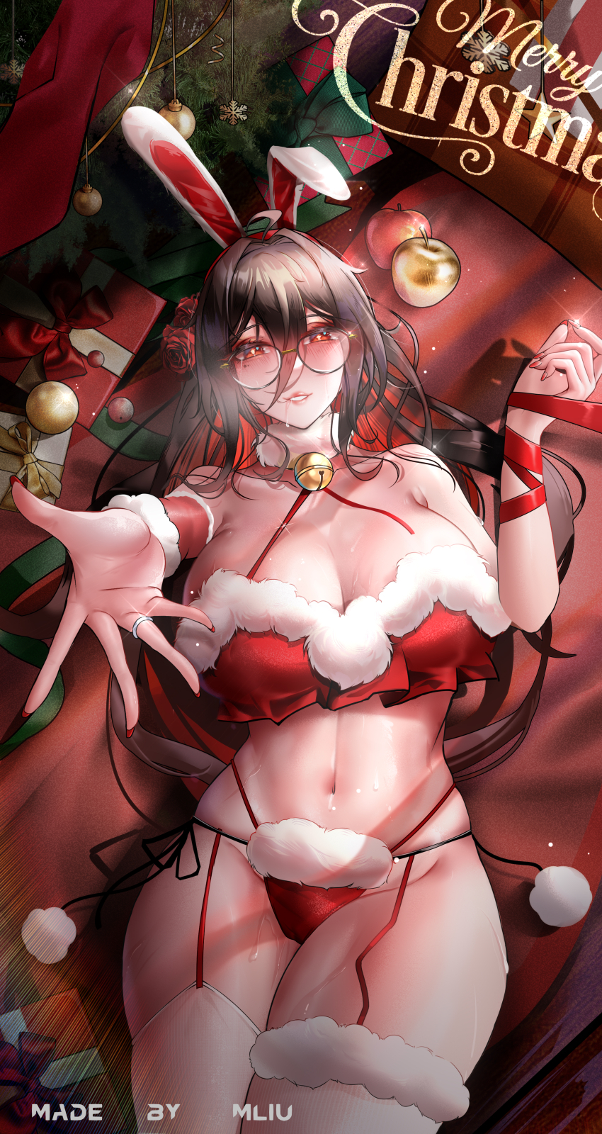 1girl absurdres animal_ears box bra breasts christmas_ornaments christmas_tree cowboy_shot fake_animal_ears fur-trimmed_bra fur-trimmed_panties fur-trimmed_thighhighs fur_trim gift gift_box glasses hair_behind_eyewear hair_between_eyes highres huge_breasts jewelry long_hair_between_eyes lying merry_christmas nail_polish navel on_back original outstretched_arm panties rabbit_ears reaching reaching_towards_viewer red_bra red_nails red_panties ring round_eyewear santa_panties smll233 thighhighs underwear wedding_ring