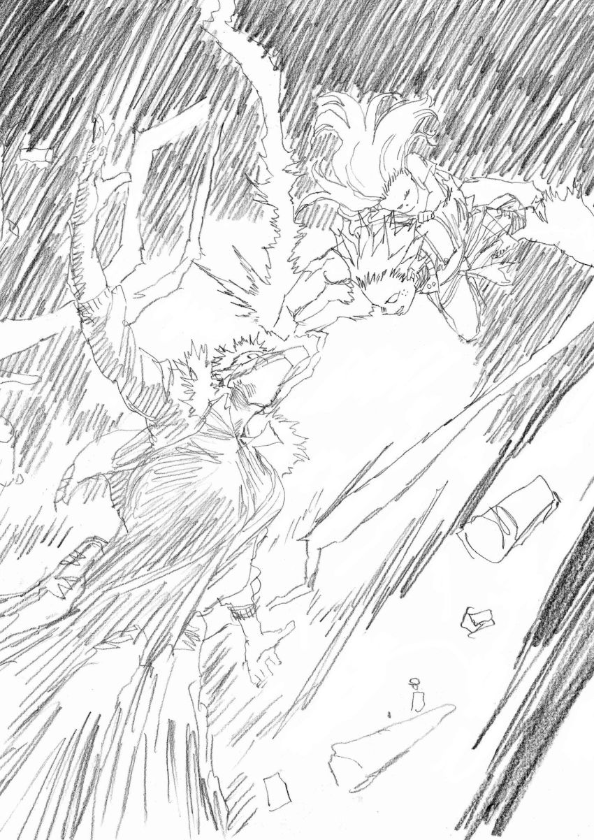 1girl 2boys boku_no_hero_academia overhaul_(boku_no_hero_academia) eri_(boku_no_hero_academia) fighting highres midoriya_izuku monochrome multiple_boys nakamura_yutaka sketch