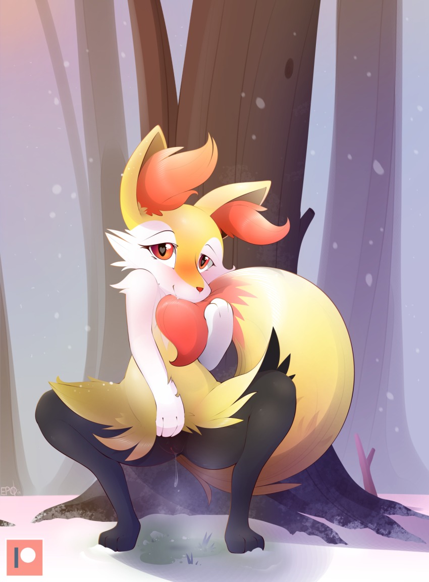 1girl animal_ear_fluff animal_ears animal_feet animal_hands animal_nose b-epon black_fur blush body_fur braixen fang feet female_focus flat_chest fox_ears fox_girl fox_tail full_body furry furry_female gen_6_pokemon grass half-closed_eyes hand_up heart heart-shaped_pupils highres holding_own_tail lifting_own_clothes logo looking_at_viewer multicolored_fur neck_fur nintendo outdoors patreon pokemon pokemon_(creature) presenting pussy pussy_juice red_eyes signature smile snout snow snowing solo spread_legs squatting stick symbol-shaped_pupils tail teeth tree uncensored watermark white_fur yellow_fur