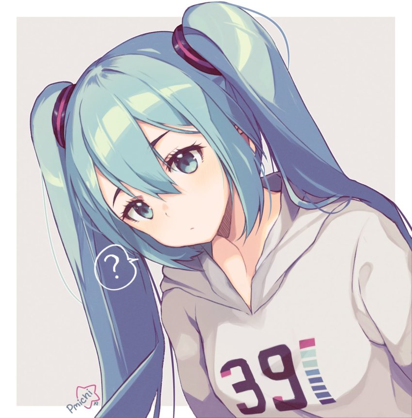 1girl 39 ? aqua_eyes aqua_hair artist_name asagawa_mikan_(peachy_michi) blush breasts closed_mouth color_guide commentary dutch_angle expressionless female_focus grey_background grey_hoodie hair_ornament hairband half-closed_eyes hatsune_miku highres hood hoodie light_blush long_hair simple_background small_breasts solo speech_bubble spoken_question_mark twintails upper_body very_long_hair vocaloid