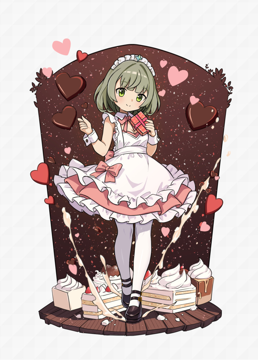 1girl apron breasts cake cake_slice candy chocolate chocolate_heart cleavage closed_mouth dress food fruit full_body gift green_eyes grey_background heart heart-shaped_food highres holding holding_gift looking_at_viewer maid_headdress millet_(world_flipper) mwm5 pantyhose pink_dress short_hair solo standing strawberry valentine white_apron white_pantyhose world_flipper wrist_cuffs