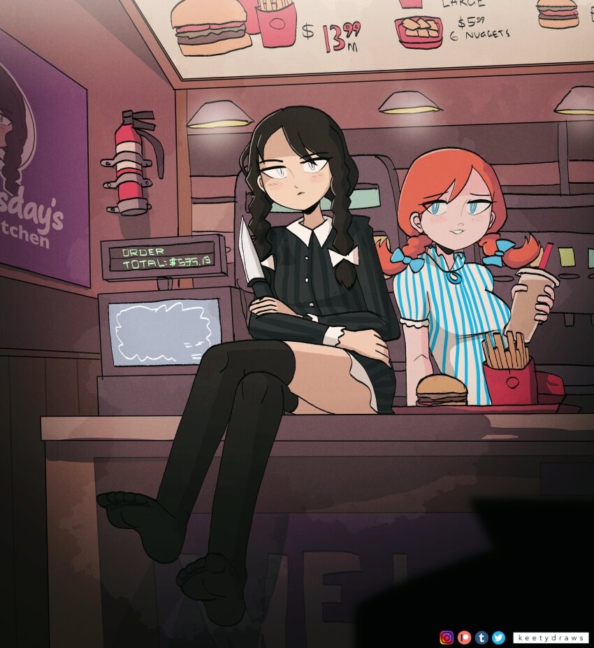 2girls absurdres addams_family artist_name black_dress black_hair black_thighhighs blue_bow blue_dress blue_eyes blue_ribbon blurry blurry_foreground blush bow braid breasts bright_pupils burger cash_register ceiling_light closed_mouth collared_dress commentary counter crossover cup dress drink english_commentary english_text expressionless fire_extinguisher food freckles french_fries hair_bow hair_ribbon highres holding holding_cup holding_drink holding_knife holding_weapon instagram_logo keetydraws knife light_blush long_sleeves looking_at_viewer medium_breasts multiple_girls no_shoes on_counter paid_reward_available parted_lips patreon_logo puffy_short_sleeves puffy_sleeves red_hair restaurant ribbon short_sleeves sign sitting slit_pupils soda_machine standing striped_clothes striped_dress swept_bangs thighhighs toes trait_connection tray tumblr_logo twin_braids twitter_logo vertical-striped_clothes vertical-striped_dress weapon wednesday_(netflix) wednesday_addams wendy&#039;s wendy_(wendy&#039;s) white_dress white_eyes white_pupils