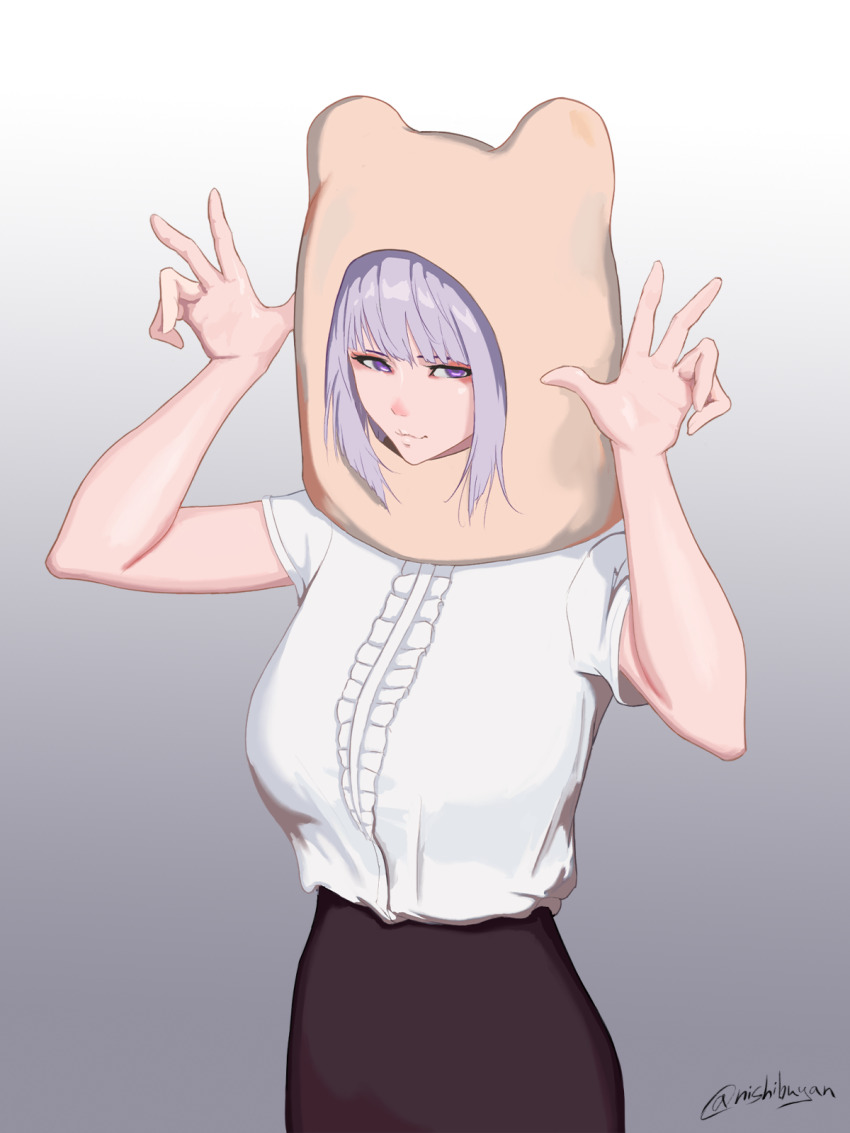 1girl alternate_costume animal_hat breasts girls&#039;_frontline gradient_background grey_background grey_hair hands_up hat highres large_breasts looking_at_viewer medium_hair nishibuya purple_eyes rpk-16_(girls&#039;_frontline) shirt short_sleeves solo white_background white_shirt