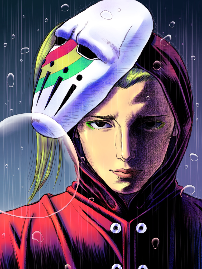 1boy black_eyes blackmore blonde_hair catch_the_rainbow coat commentary commentary_request eyeshadow green_eyeshadow hatching_(texture) highres hood hood_up jojo_no_kimyou_na_bouken keiimajima02 lips looking_at_viewer makeup mask mask_on_head partially_shaded_face ponytail portrait rain rainbow_print raincoat red_coat red_hood solo stand_(jojo) steel_ball_run water_drop white_mask