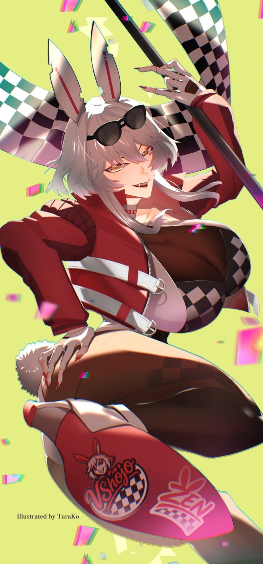 1girl absurdres animal_ears black_pantyhose breasts checkered_clothes cleavage cropped_jacket fake_animal_ears fingerless_gloves flag gloves grey_hair hand_on_own_hip highres holding holding_flag jacket large_breasts leotard nail_polish pantyhose playboy_bunny rabbit_ears rabbit_tail red_jacket red_nails seafood_tarako short_hair sidelocks smile solo tail virtual_youtuber vshojo white_gloves white_leotard yellow_eyes zentreya zentreya_(cyborg) zentreya_(cyborg)_(race_queen)