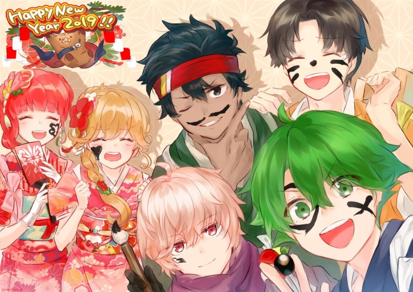 2019 2girls 4boys alm_(fire_emblem) alternate_hairstyle black_gloves black_hair blonde_hair braid brown_hair celica_(fire_emblem) closed_mouth dark_skin dark-skinned_male closed_eyes facepaint faye_(fire_emblem) fire_emblem fire_emblem_echoes:_shadows_of_valentia flower futabaaf gloves gray_(fire_emblem) green_eyes green_hair grin hair_flower hair_ornament hairband happy_new_year japanese_clothes kimono kliff_(fire_emblem) long_hair multiple_boys multiple_girls new_year nintendo obi one_eye_closed open_mouth paintbrush red_eyes red_hair sash short_hair short_sleeves smile tobin_(fire_emblem) white_gloves white_hair