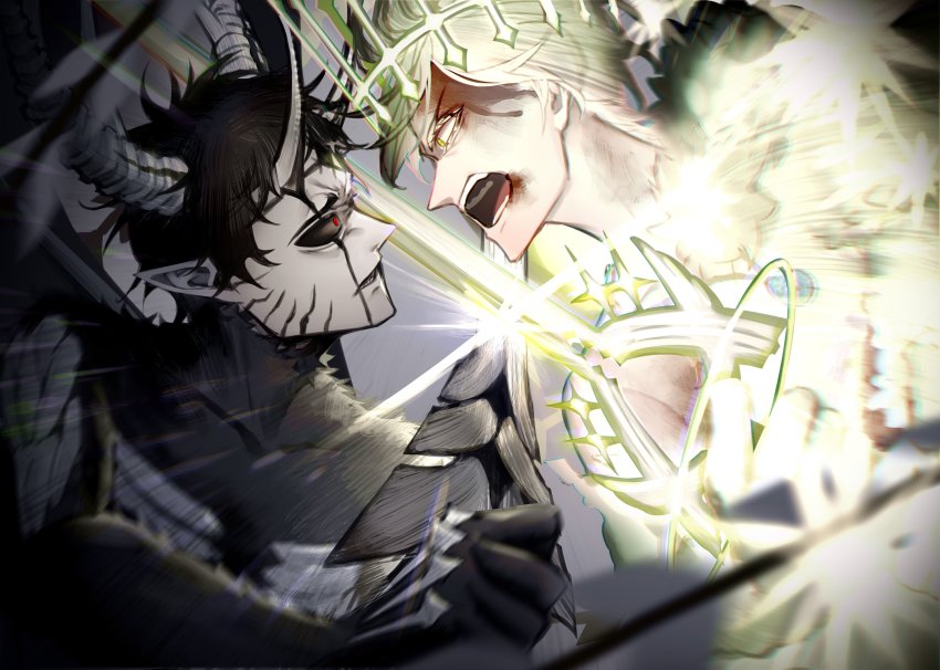 2boys absurdres angry black_clover demon demon_horns frit_2 green_hair green_halo halo highres holding holding_sword holding_weapon horns multiple_boys sword weapon yuno_(black_clover) zenon_zogratis