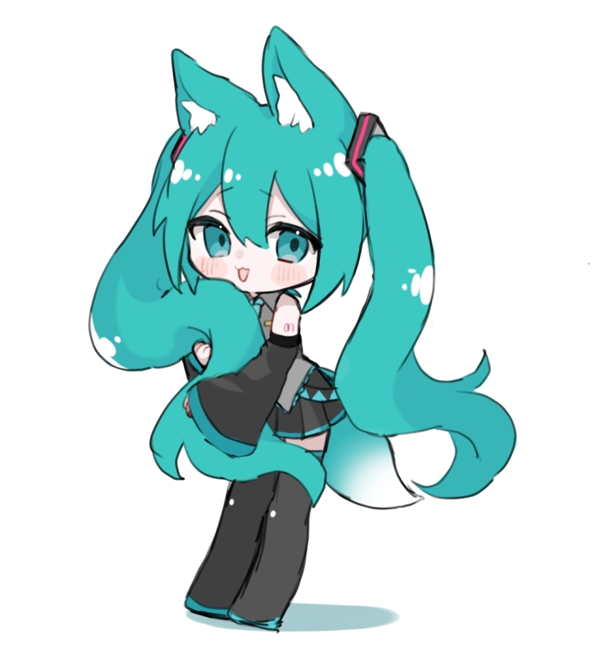 1girl :3 animal_ear_fluff animal_ears blue_eyes blue_hair blush boots collared_shirt commentary_request detached_sleeves fox_ears fox_girl fox_tail full_body hair_ornament hatsune_miku highres holding holding_own_hair long_hair long_sleeves looking_at_viewer maro_maro_3939 open_mouth pleated_skirt shirt skirt sleeveless sleeveless_shirt smile solo tail thigh_boots twintails very_long_hair vocaloid
