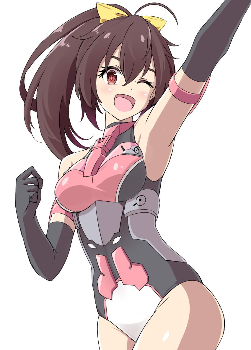 1girl absurdres ahoge alice_gear_aegis armored_leotard breasts brown_hair elbow_gloves frame_arms_girl gennai_ao gloves hair_ribbon hand_up highres leotard mecha_musume medium_breasts one_eye_closed open_mouth ponytail red_eyes ribbon simple_background solo sudhiro_sappurisa white_background