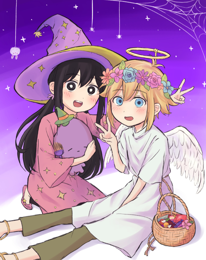 1boy 1girl angel_wings aubrey_(faraway)_(omori) aubrey_(omori) basil_(faraway)_(omori) basil_(omori) basket black_eyes black_hair blonde_hair blue_eyes blush bright_pupils bug_bunny_(omori) flower green_pants head_wreath highres long_hair long_sleeves low_twintails mr._plantegg_(omori) omori open_mouth pants pink_shoes purple_hair segue5o shoes short_sleeves smile teeth twintails upper_teeth_only v white_pupils wings