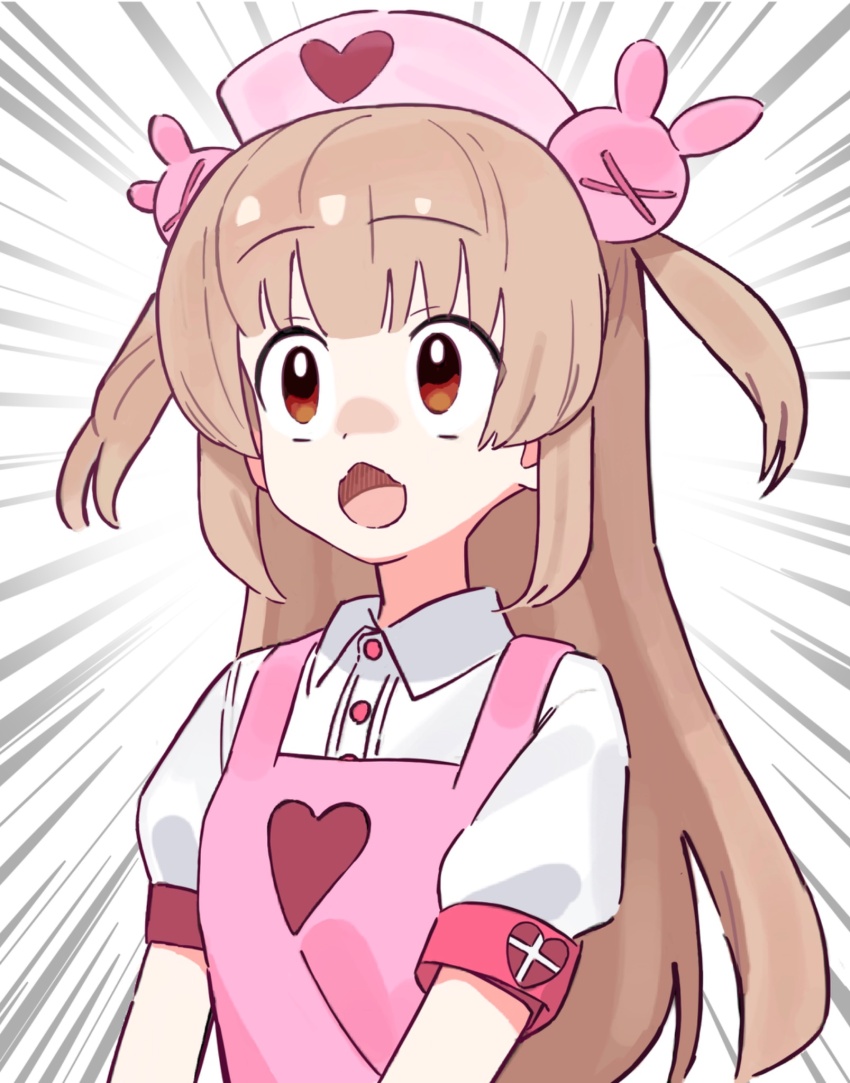 1girl apron brown_eyes brown_hair collared_shirt emphasis_lines hair_ornament hashtag-only_commentary hat heart highres long_hair natori_sana natori_sana_(nurse) nurse_cap open_mouth pink_apron pink_hat puffy_short_sleeves puffy_sleeves rabbit_hair_ornament sana_channel shirt short_sleeves sidelocks simple_background solo suisei_lens two_side_up upper_body virtual_youtuber white_shirt
