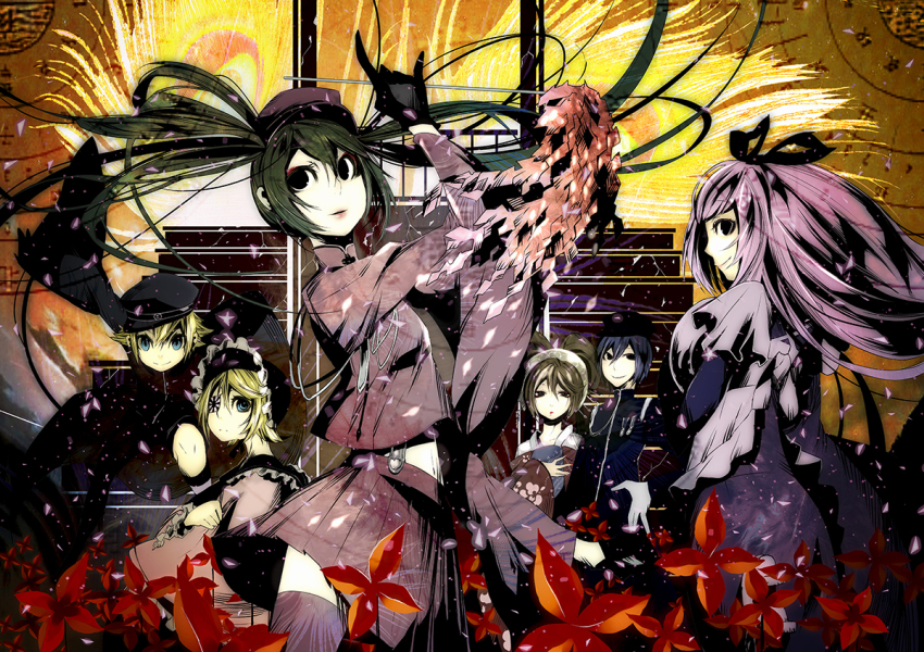 2boys 4girls bad_id bad_pixiv_id blonde_hair blue_hair brown_hair gloves green_hair hat hatsune_miku kagamine_len kagamine_len_(ni_no_sakura_senbu) kagamine_rin kagamine_rin_(ni_no_sakura_kouchou) karasu_(chalk) long_hair medal megurine_luka megurine_luka_(san_no_sakura_fuuka) meiko_(rei_no_sakura_benitsubaki)_(vocaloid) meiko_(vocaloid) multiple_boys multiple_girls peaked_cap pink_hair pinwheel senbon-zakura_(vocaloid) short_hair skirt suspenders thighhighs twintails vocaloid