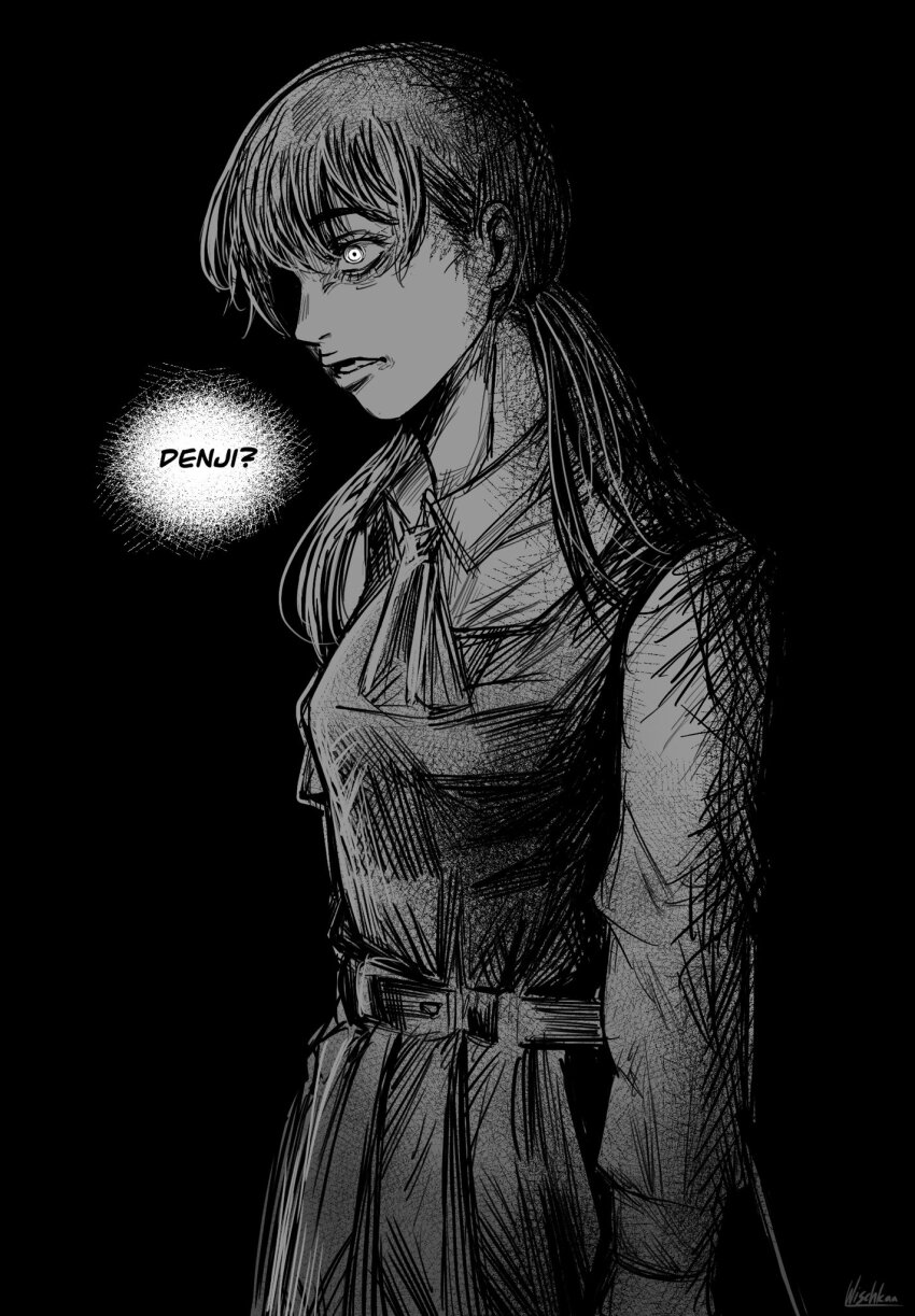 1girl ascot chainsaw_man commentary constricted_pupils crosshatching dress english_commentary fourth_east_high_school_uniform frown greyscale hatching_(texture) highres low_twintails mitaka_asa monochrome pleated_dress profile school_uniform shirt solo surprised twintails wischkaa
